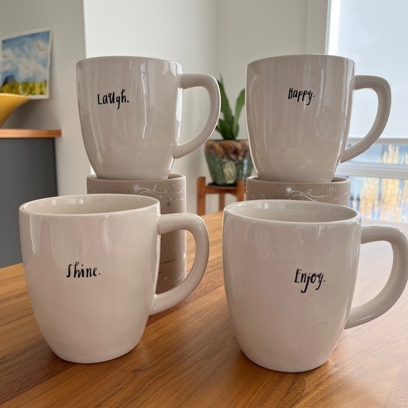 RAE DUNN Mugs Set of 4 Mugs Spell Out Laugh, Enjoy, Shine, Happy Gift Idea - Picture 1 of 16